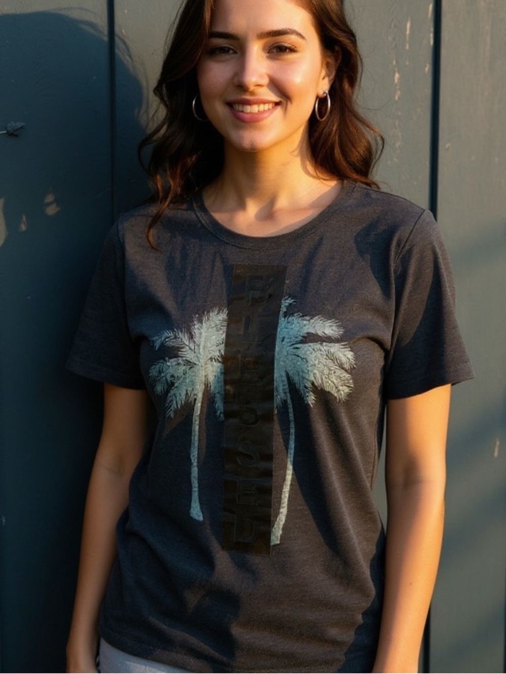 Dark Blue Metallic “Blessed” Graphic Print Jagged Neck Edge Short Sleeve Tee M